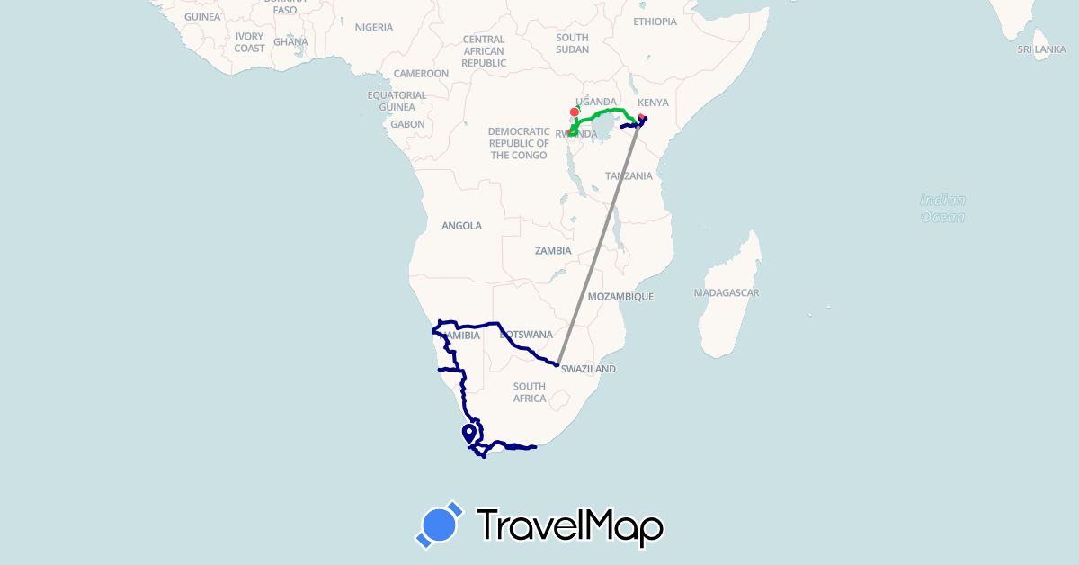 TravelMap itinerary: driving, bus, plane, hiking in Botswana, Kenya, Namibia, Rwanda, Uganda, South Africa (Africa)